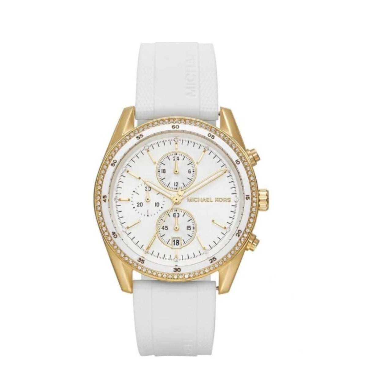 Michael Kors Gold Chronograph Watch with Crystal Bezel - White Strap