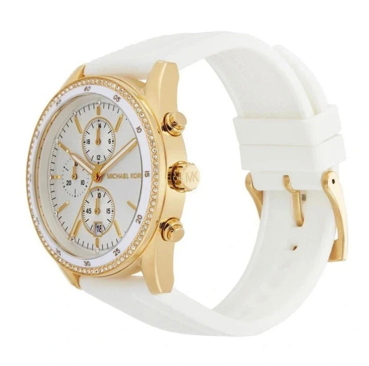 Michael Kors Gold Chronograph Watch with Crystal Bezel - White Strap
