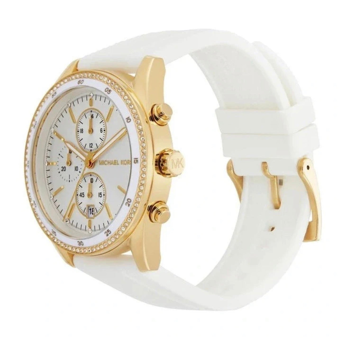 Michael Kors Gold Chronograph Watch with Crystal Bezel - White Strap