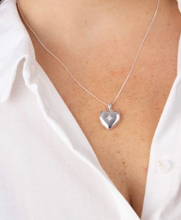 Sterling Silver Heart Locket Pendant Necklace - Starburst Details