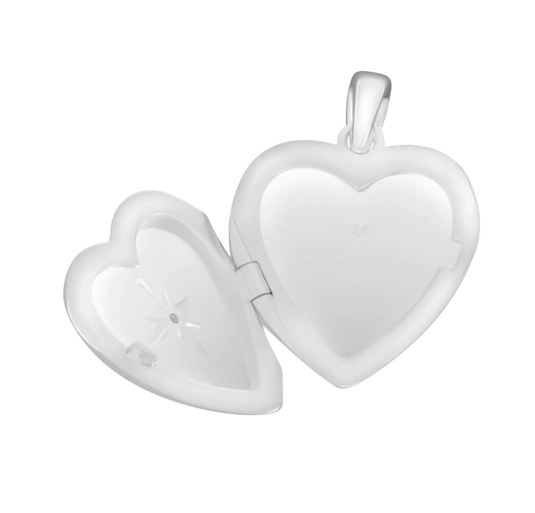 Sterling Silver Heart Locket Pendant Necklace - Starburst Details