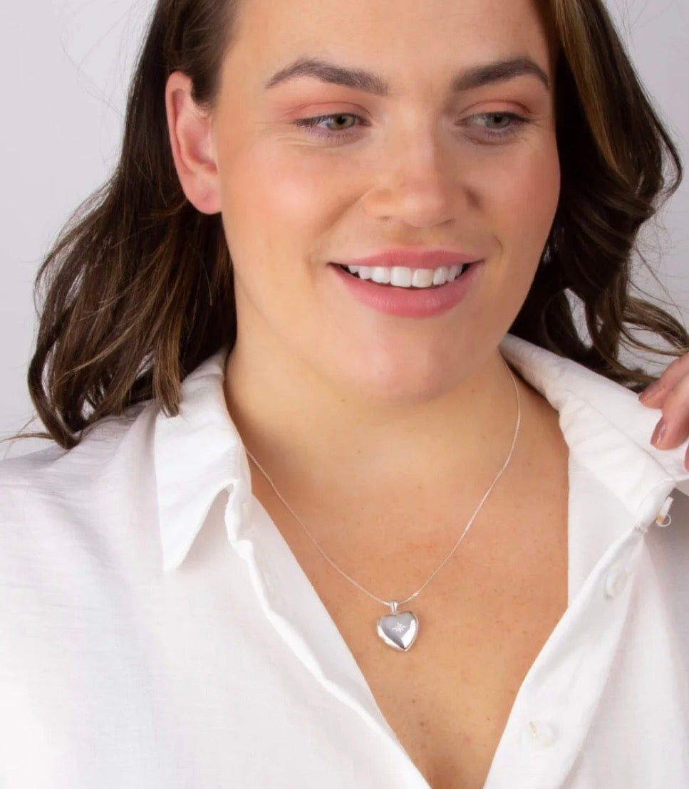 Sterling Silver Heart Locket Pendant Necklace - Starburst Details