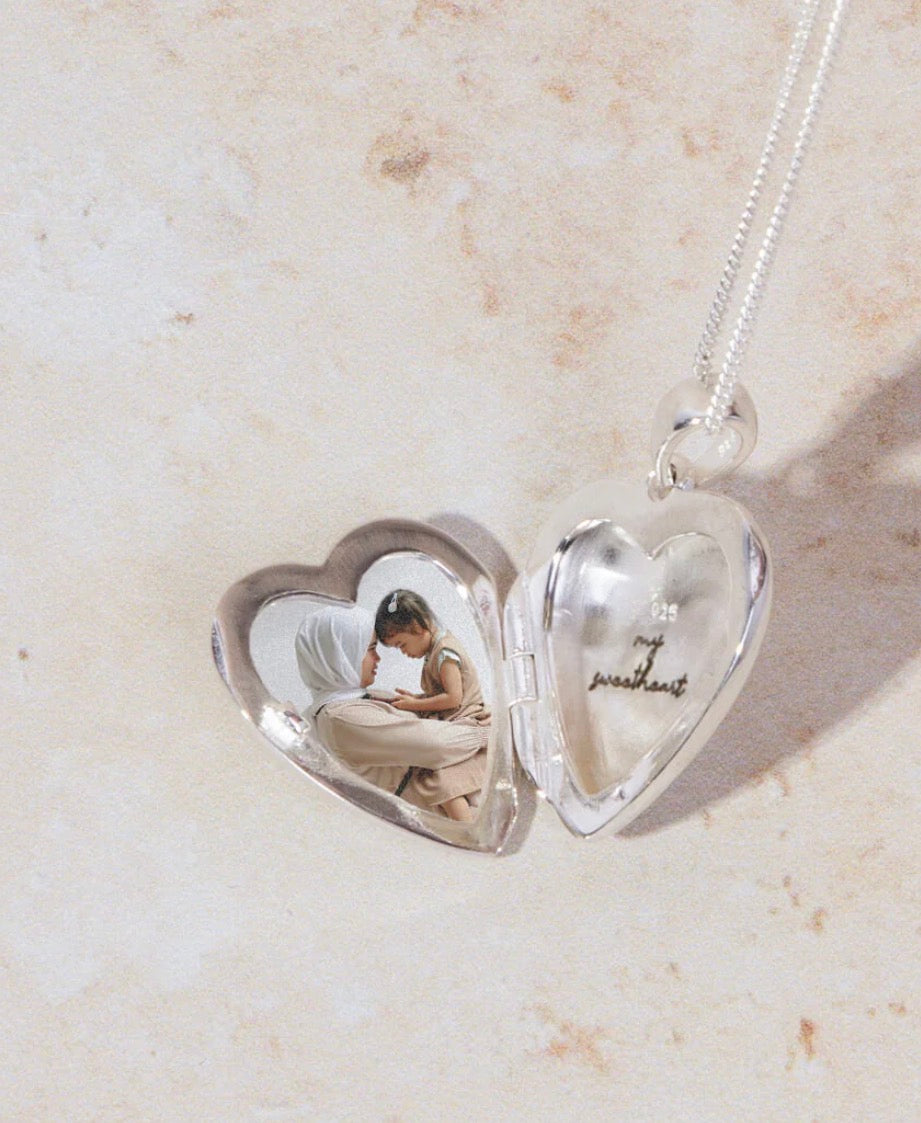 Sterling Silver Heart Locket Pendant Necklace - Starburst Details