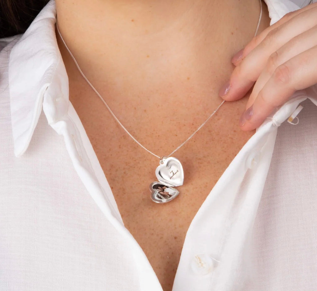 Sterling Silver Heart Locket Pendant Necklace - Starburst Details