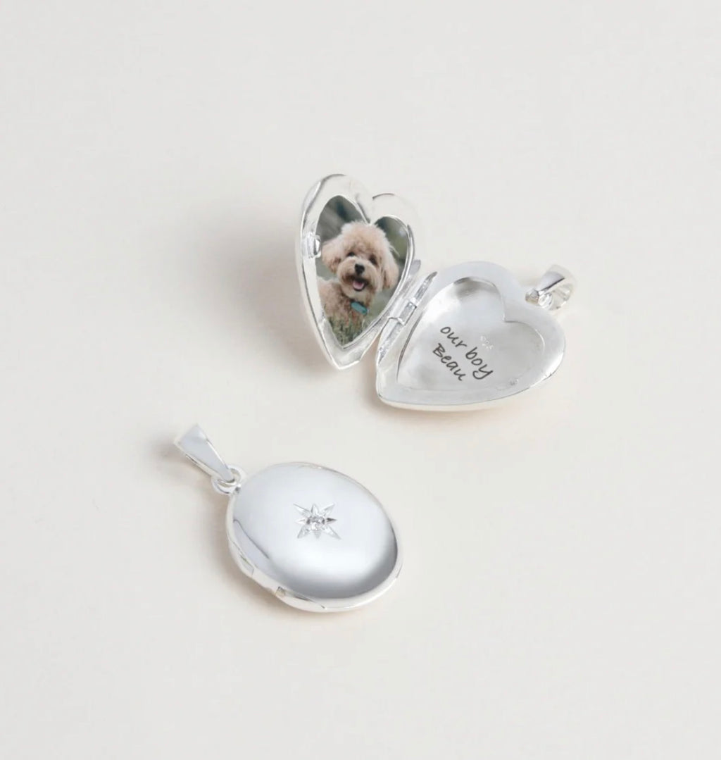 Sterling Silver Heart Locket Pendant Necklace - Starburst Details