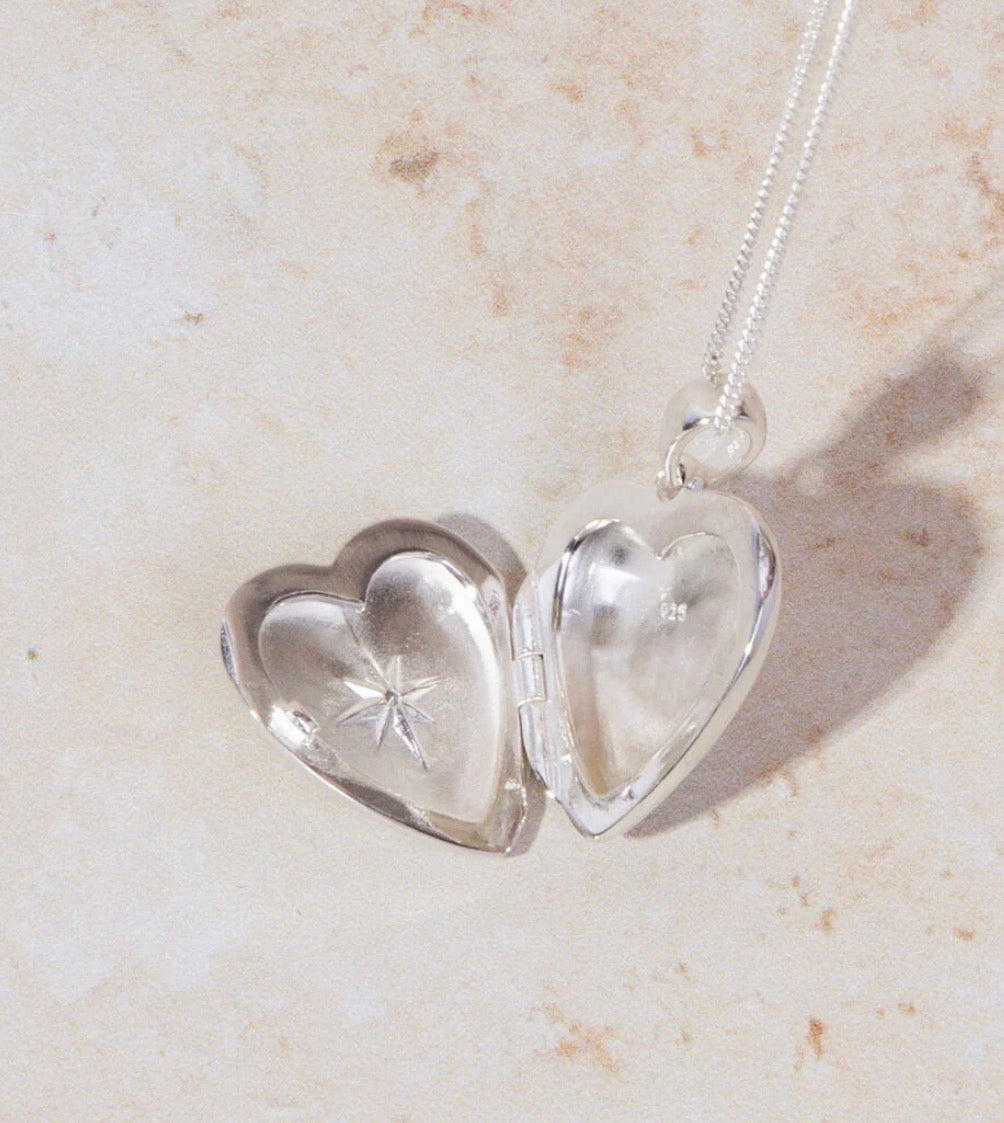 Sterling Silver Heart Locket Pendant Necklace - Starburst Details