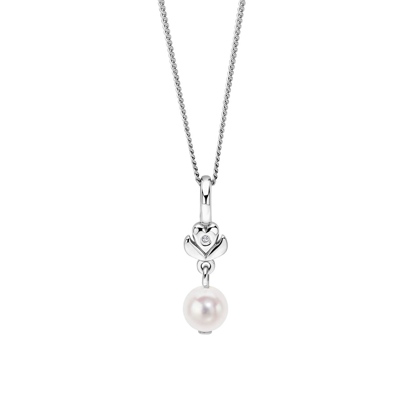 Sterling Silver Diamond & Freshwater Pearl Flower Pendant