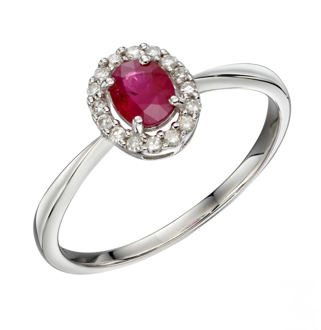 9ct White Gold Ruby & Diamond Cluster Ring