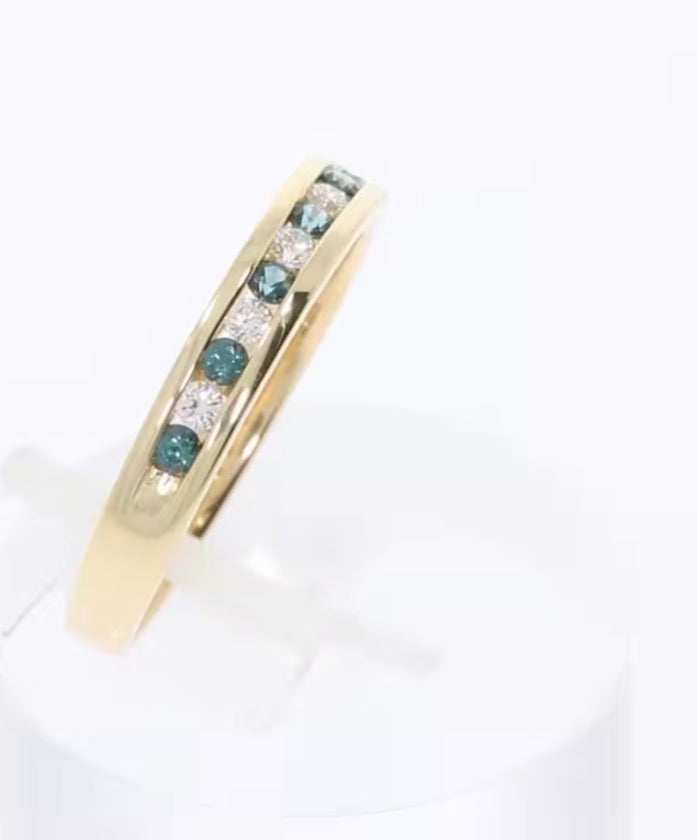 18ct Yellow Gold Teal Sapphire & Diamond Eternity Ring