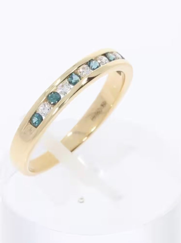 18ct Yellow Gold Teal Sapphire & Diamond Eternity Ring