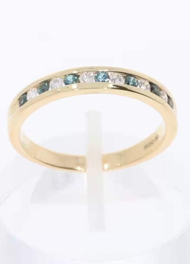 18ct Yellow Gold Teal Sapphire & Diamond Eternity Ring