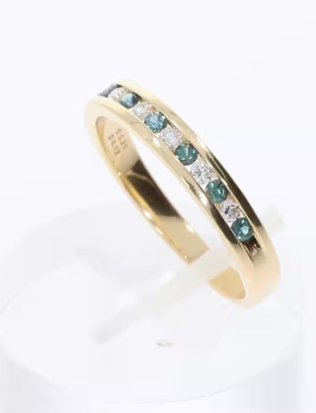 18ct Yellow Gold Teal Sapphire & Diamond Eternity Ring