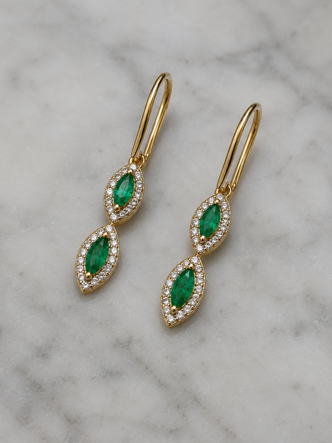 Marquise Double Drop Emerald & Diamond Earrings in 9ct Yellow Gold