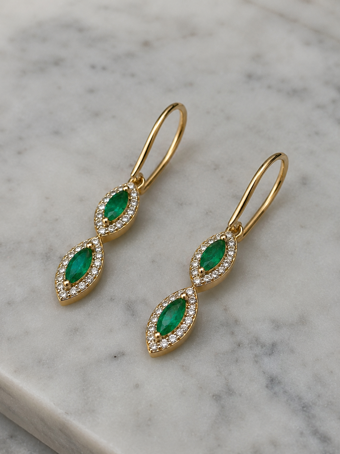 Marquise Double Drop Emerald & Diamond Earrings in 9ct Yellow Gold
