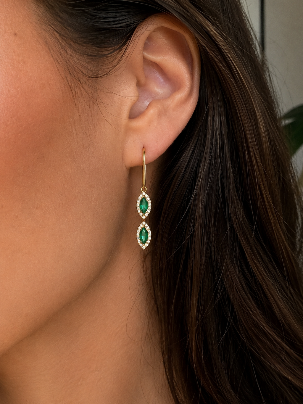 Marquise Double Drop Emerald & Diamond Earrings in 9ct Yellow Gold