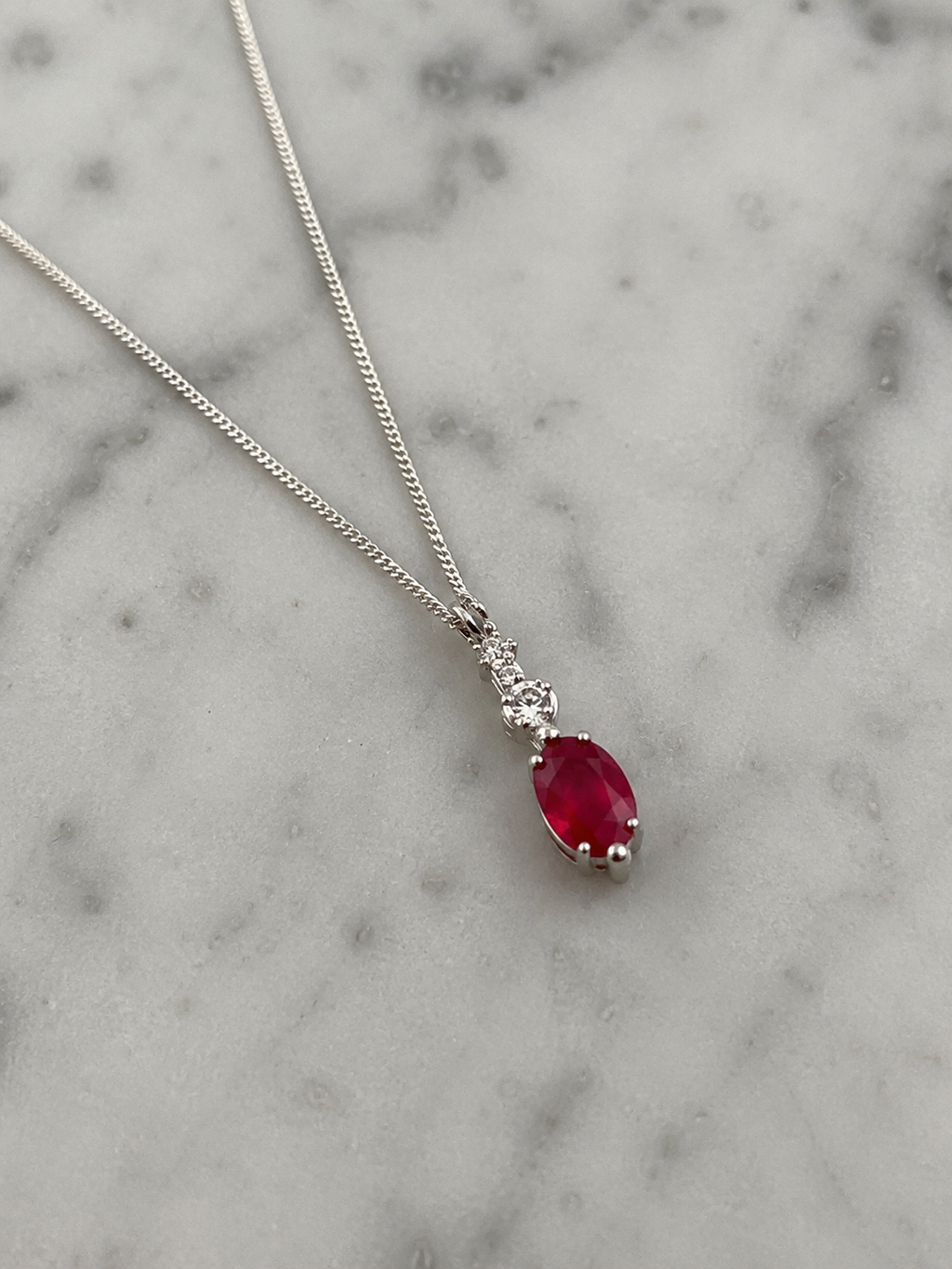 Ruby & Diamond Drop Pendant Necklace in 9ct White Gold