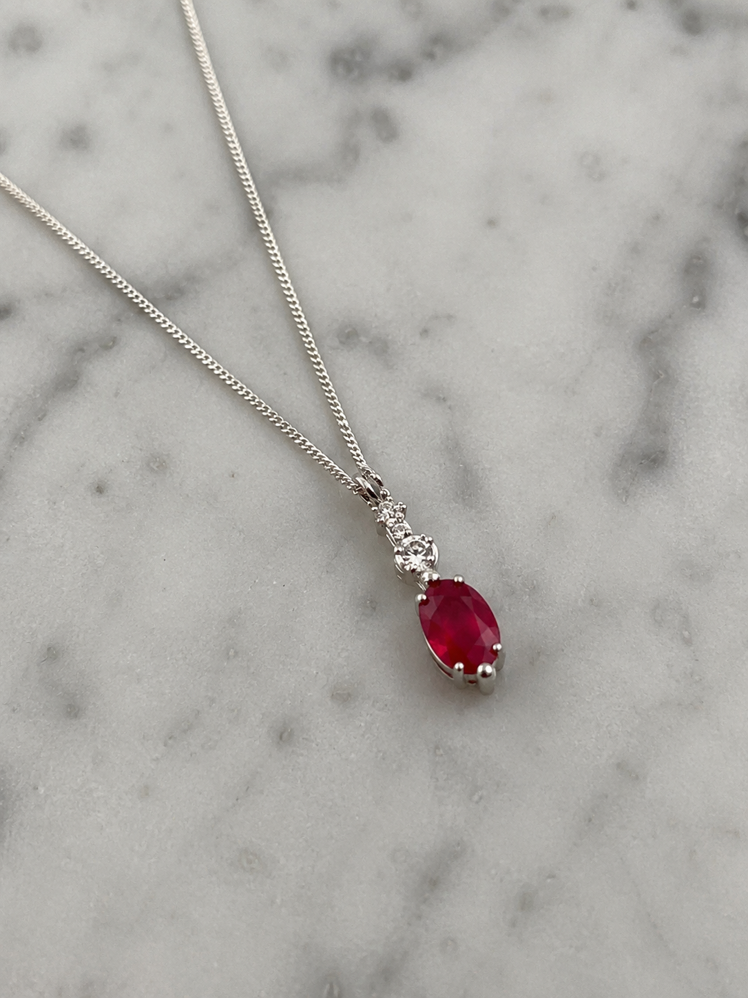 Ruby & Diamond Drop Pendant Necklace in 9ct White Gold