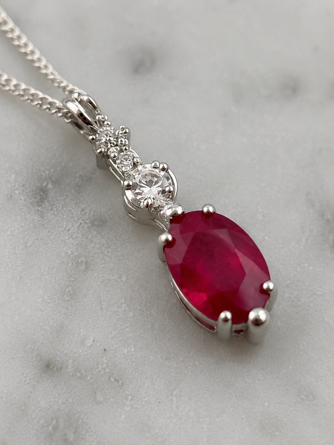 Ruby & Diamond Drop Pendant Necklace in 9ct White Gold