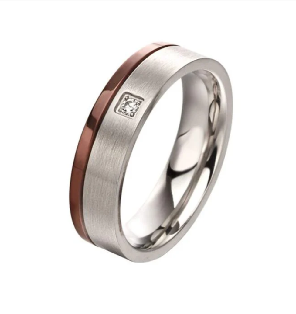 Fred Bennett Cubic Zirconia Stainless Steel Ring with Brown IP Detail