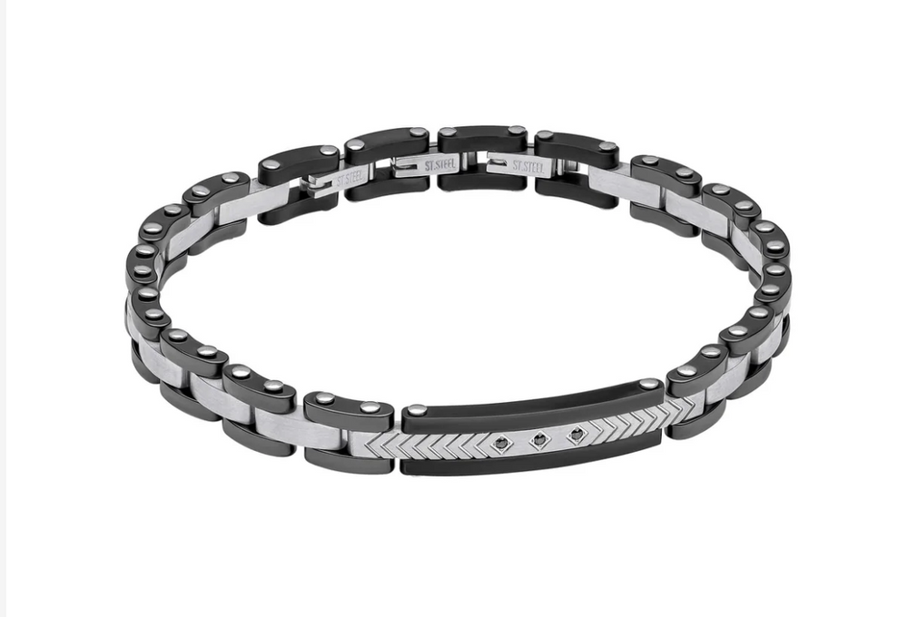 Fred Bennett Stainless Steel & Ceramic Link Bracelet with Black CZ Detail