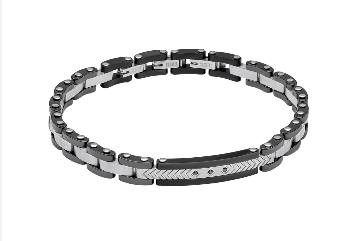 Fred Bennett Stainless Steel & Ceramic Link Bracelet with Black CZ Detail