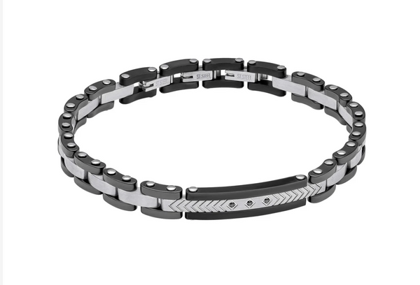 Fred Bennett Stainless Steel & Ceramic Link Bracelet with Black CZ Detail