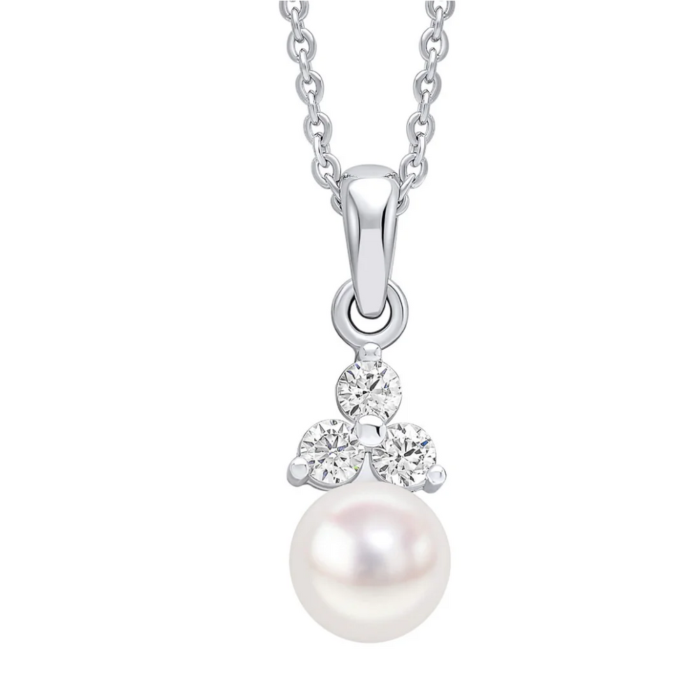 Sterling Silver Shell Pearl & Cubic Zirconia Drop Pendant with Trace Chain