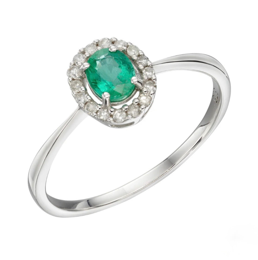 9ct White Gold Emerald & Diamond Cluster Ring