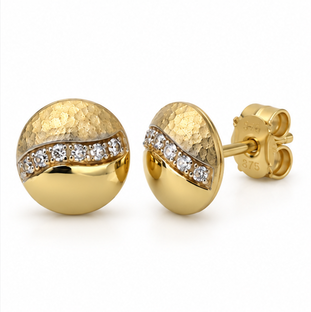 9ct Yellow Gold Hammered Cubic Zirconia Stud Earrings