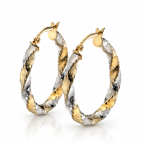 9ct Yellow & White Gold Diamond-Cut 20mm Hoop Earrings
