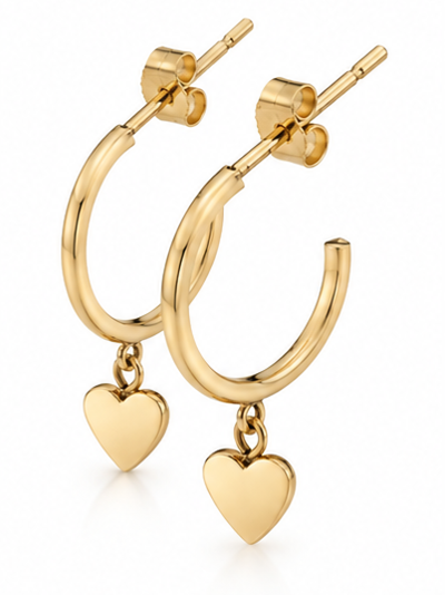 9ct Yellow Gold Heart Charm Hoop Earrings