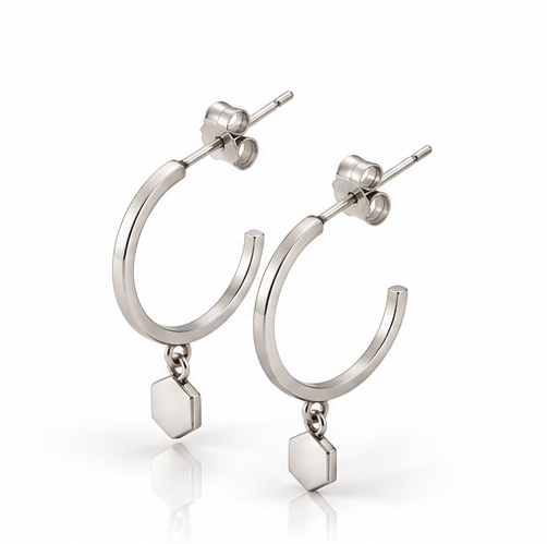 9ct White Gold Hexagon Charm Hoop Earrings