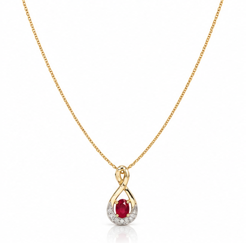 9ct Yellow Gold Ruby & Diamond Teardrop Pendant 18"