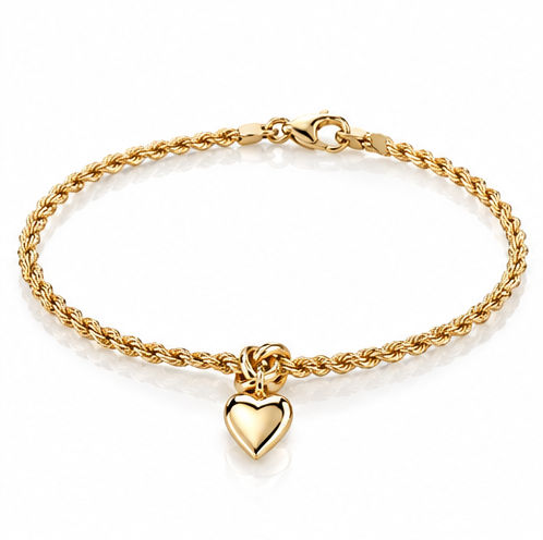 9ct Yellow Gold Rope Chain Heart Charm Bracelet