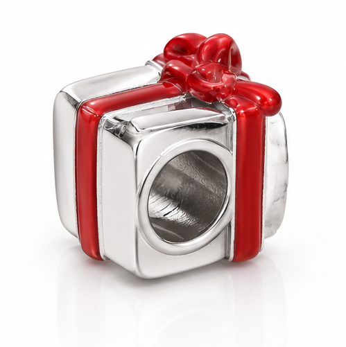 Sterling Silver Red Enamel Gift Box Bead Charm