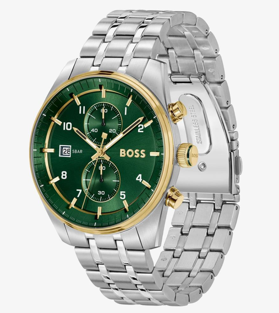 Hugo Boss Chronograph Watch – Green Dial & Two-Tone Steel (1514195)