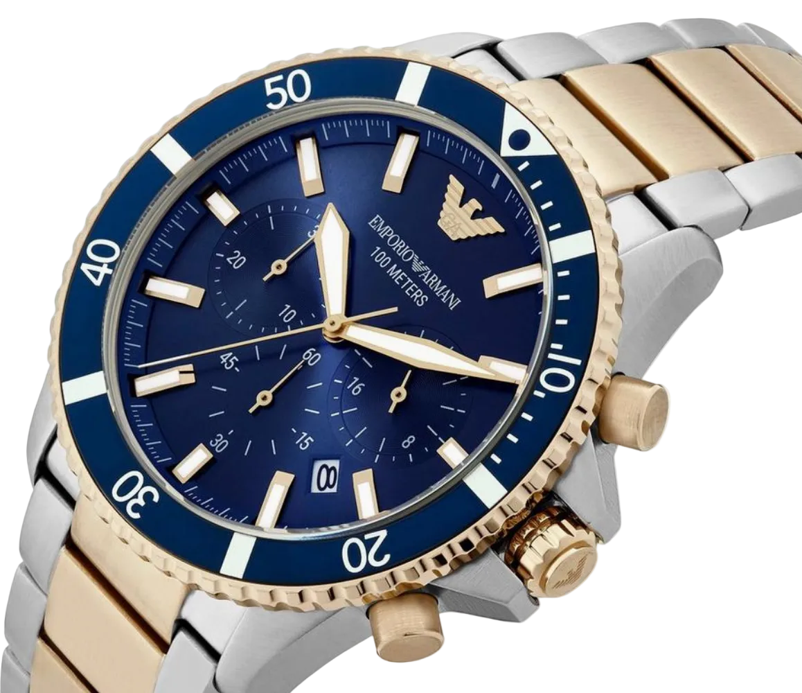 Emporio Armani AR11682 – Men’s Two-Tone Steel & Gold Blue Dial Diver Watch