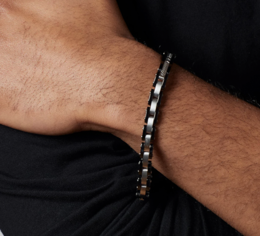 Fred Bennett Stainless Steel & Ceramic Link Bracelet with Black CZ Detail