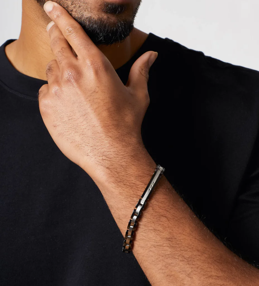 Fred Bennett Stainless Steel & Ceramic Link Bracelet with Black CZ Detail