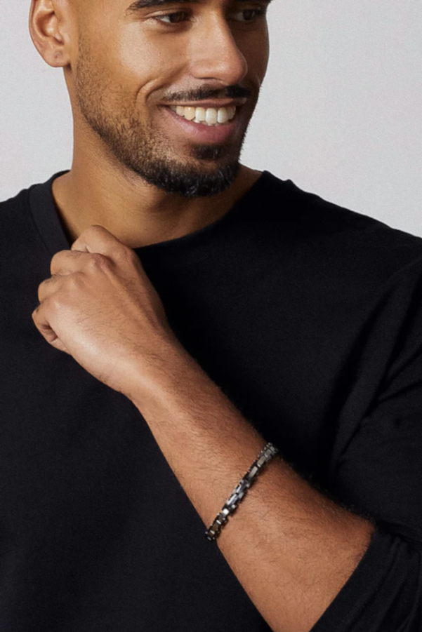 Fred Bennett Stainless Steel & Ceramic Link Bracelet with Black CZ Detail