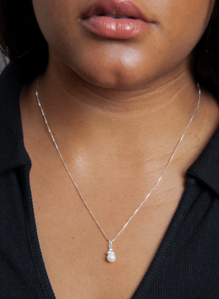Sterling Silver Shell Pearl & Cubic Zirconia Drop Pendant with Trace Chain