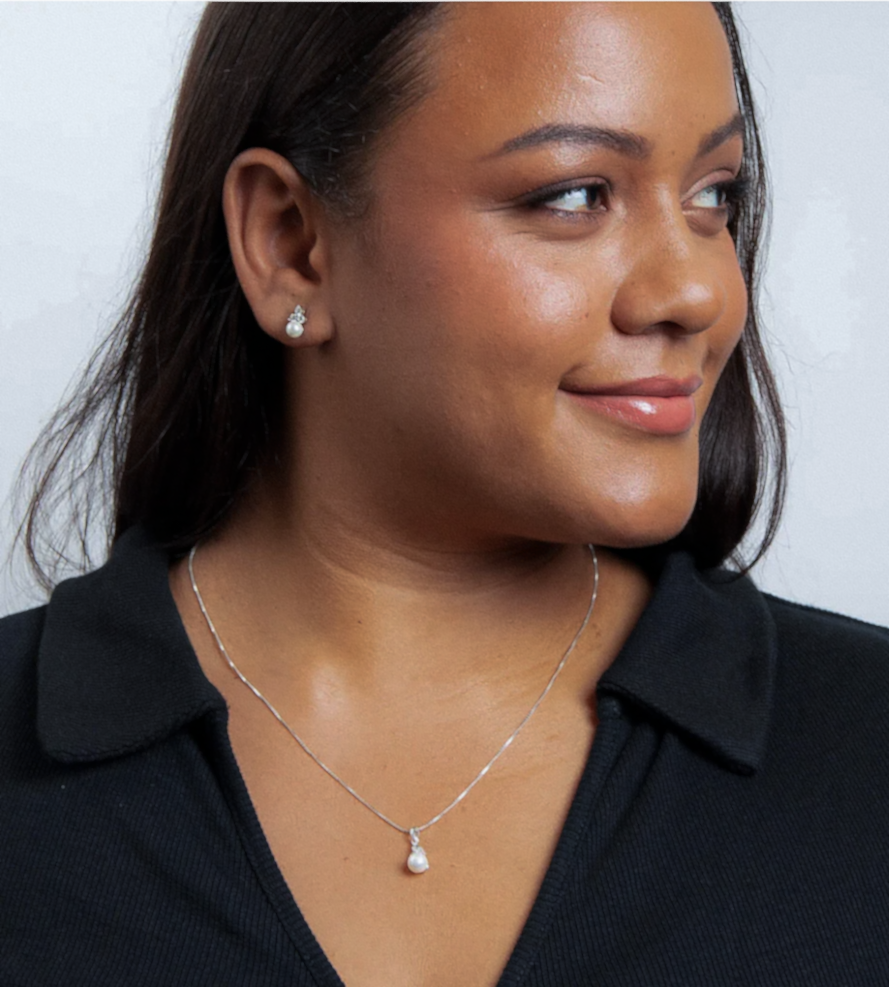 Sterling Silver Shell Pearl & Cubic Zirconia Drop Pendant with Trace Chain