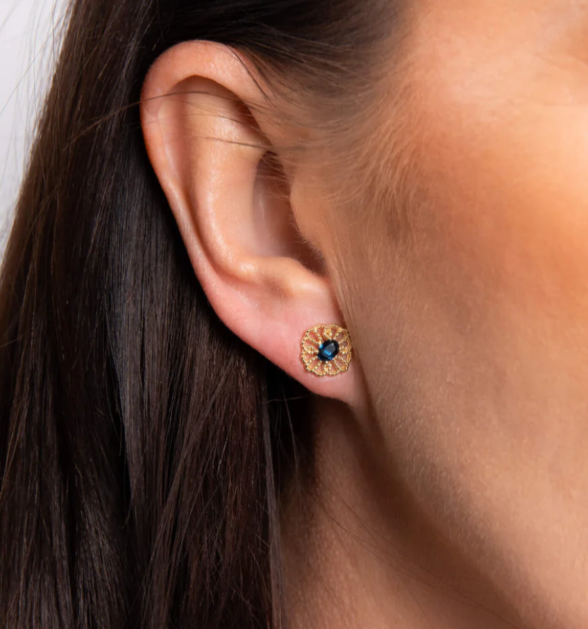 9ct Yellow Gold Blue Sapphire Filigree Stud Earrings