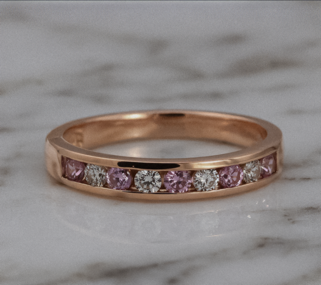 9ct Rose Gold Pink Sapphire & Diamond Channel Set Ring