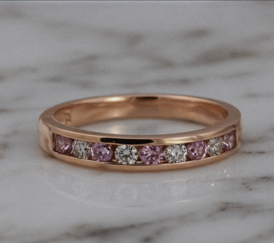 9ct Rose Gold Pink Sapphire & Diamond Channel Set Ring