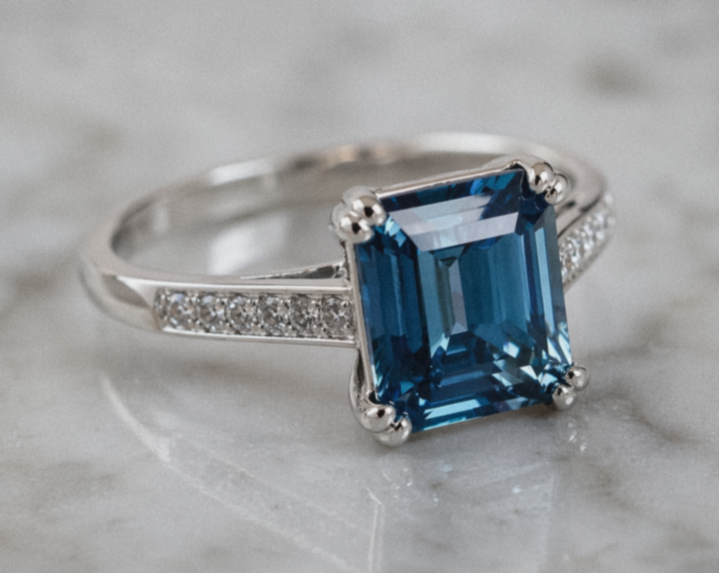 9ct White Gold London Blue Topaz & Diamond Octagon Cut Ring