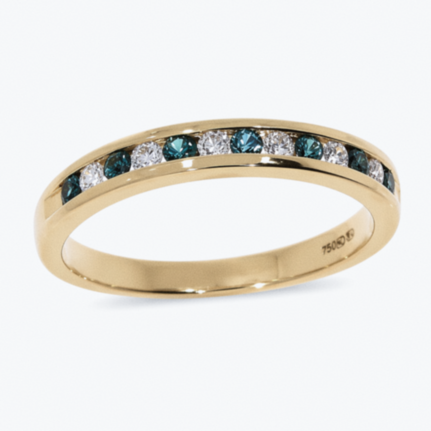 18ct Yellow Gold Teal Sapphire & Diamond Eternity Ring