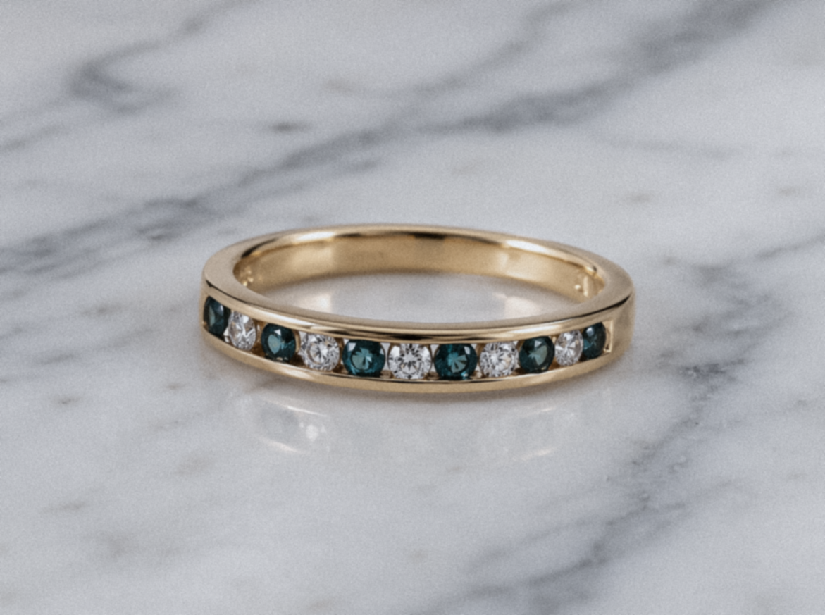 18ct Yellow Gold Teal Sapphire & Diamond Eternity Ring