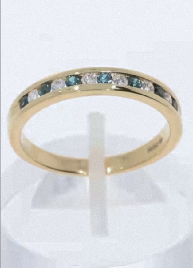 18ct Yellow Gold Teal Sapphire & Diamond Eternity Ring