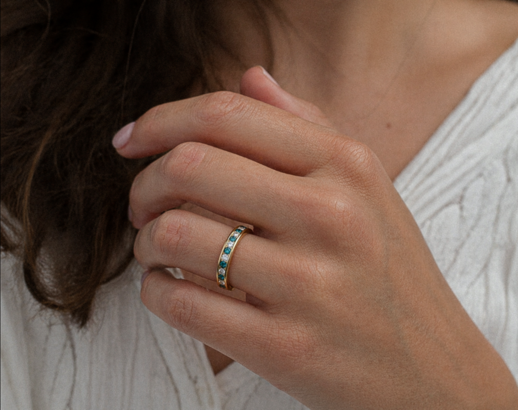 18ct Yellow Gold Teal Sapphire & Diamond Eternity Ring